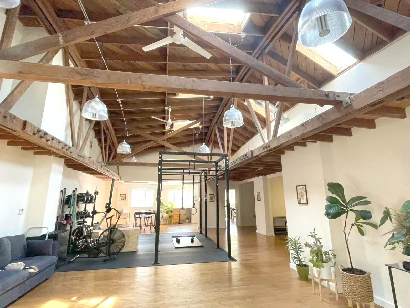 The clinic’s open studio space, with exposed wood beams, skylights, and workout equipment